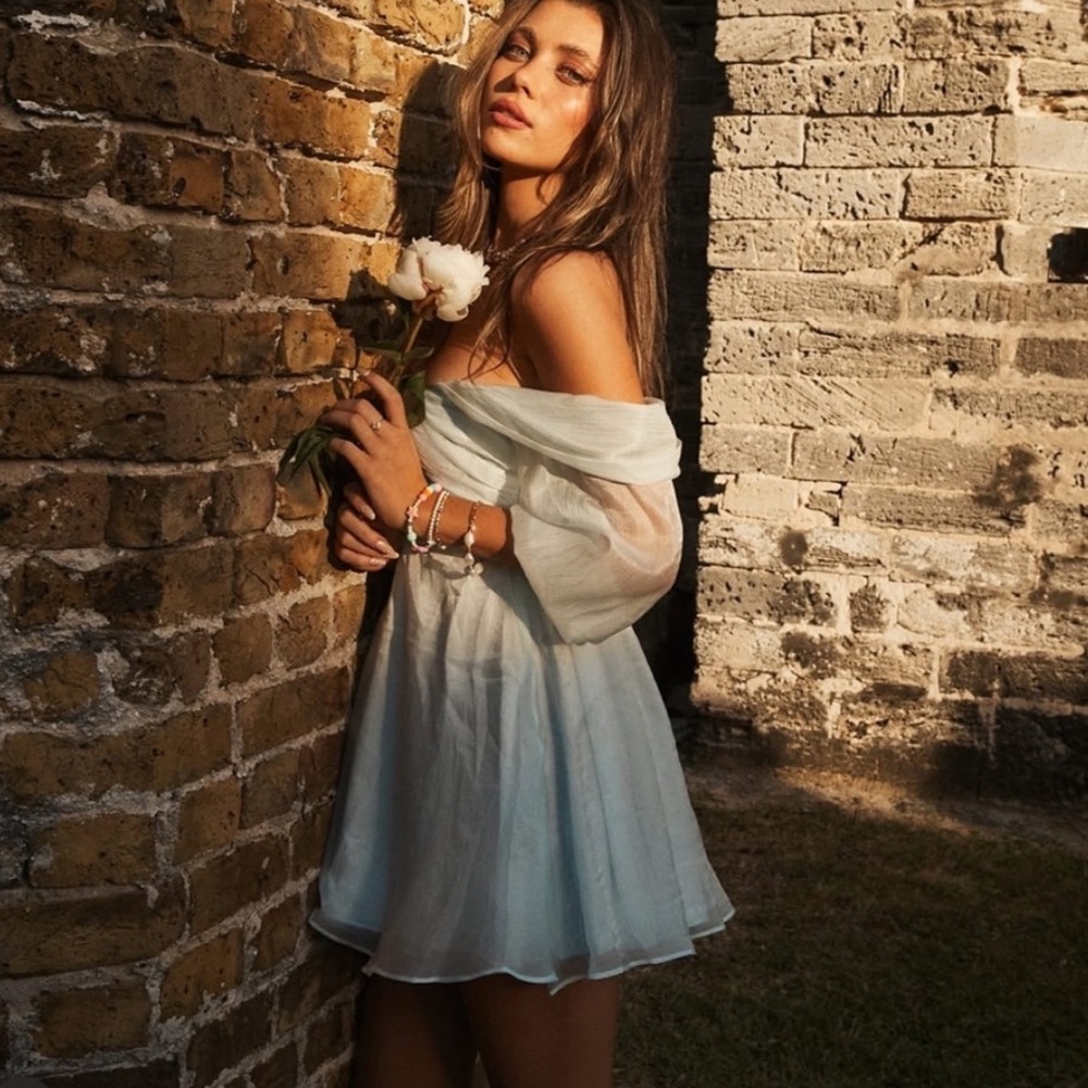House of Harlow x Sofia Richie Burna Mini Dress Pale Blue Off Shoulder Size M